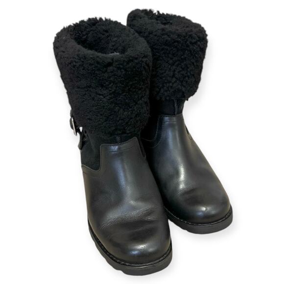 UGG Black 1914 Bellevue Shearling Cuff Leather Chunky Boots Womens Size US6 EU37 - Picture 1 of 13
